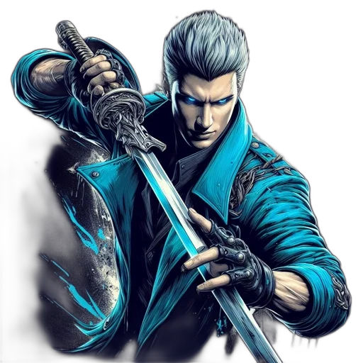 sword, staff, weapon, jacket, comic book art, concept art, fantasy art, cyberpunk transparent PNG cut-out