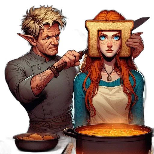 concept art, fantasy art, comic book art, pixel art, fire, golden, kitchen, stand transparent PNG cut-out