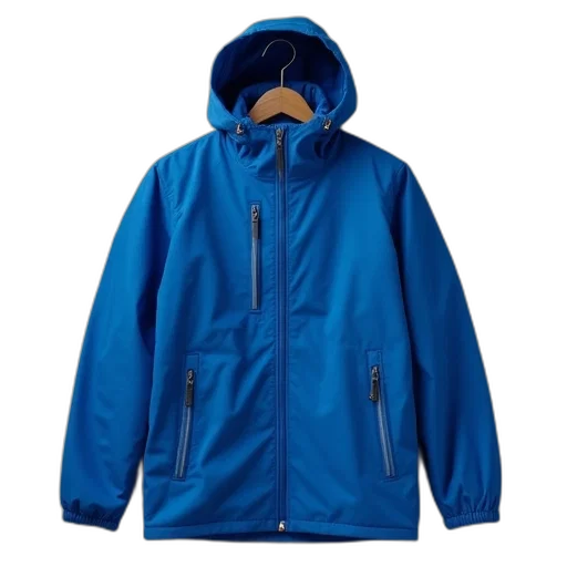 jacket, blue, hood, zipped, buttons, front transparent PNG cut-out