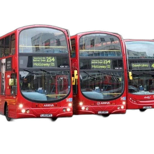 photorealistic, 3d render, concept art, city street, three, red, double, decker transparent PNG cut-out