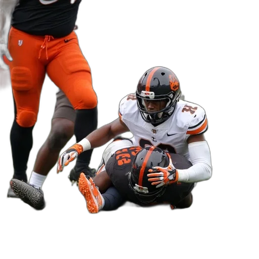 football, player, being, tackled, ground, opponent, during, game transparent PNG cut-out