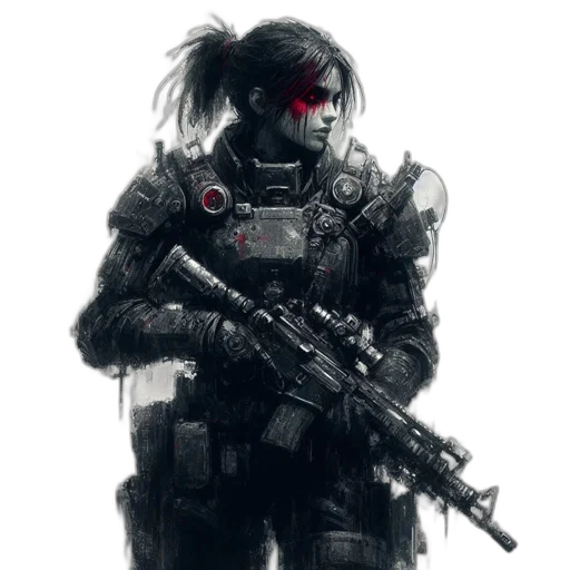 robot, weapon, face, concept art, cyberpunk, comic book art, fantasy art, outer space transparent PNG cut-out