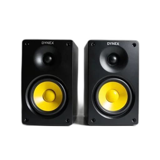 3d render, two, black, speakers, yellow, grills, placed, white transparent PNG cut-out