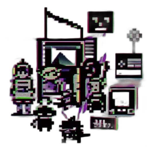 robot, staff, furniture, weapon, pixel art, vaporwave, concept art, cyberpunk transparent PNG cut-out