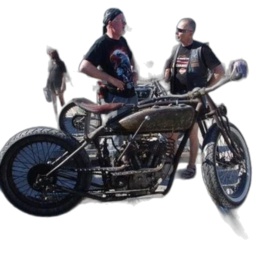 photorealistic, concept art, two, men, stand, next, vintage, motorcycle transparent PNG cut-out