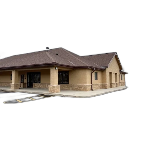 building, 3d render, photorealistic, beige, brick, brown, roof, covered transparent PNG cut-out