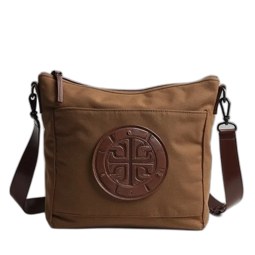 earth tones, brown, canvas, shoulder, bag, circular, logo, front transparent PNG cut-out