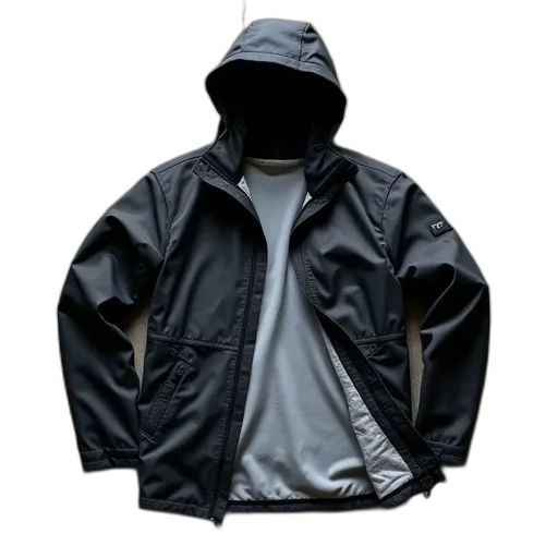 jacket, 3d render, dark, black, waterproof, hood, laid, out transparent PNG cut-out