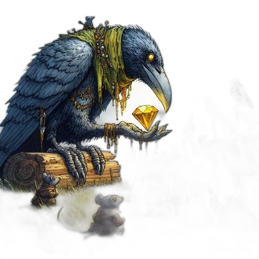 fantasy art, concept art, watercolor, photorealistic, large, ornamented, crow, holds transparent PNG cut-out