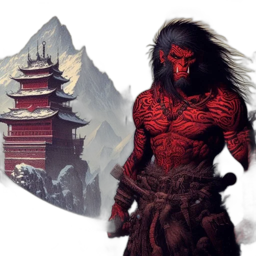 concept art, fantasy art, comic book art, pixel art, red, imposing, figure, tattooed transparent PNG cut-out