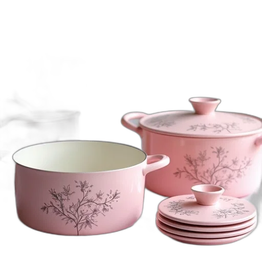 3d render, photorealistic, pastel, collection, pink, ceramic, kitchenware, floral transparent PNG cut-out