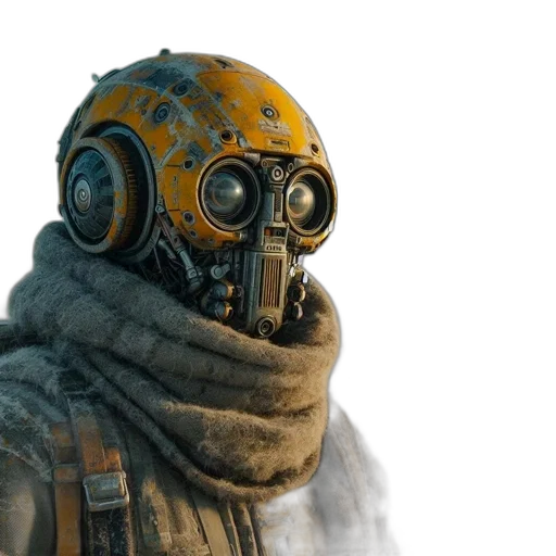 mask, robot, face, jacket, concept art, cyberpunk, 3d render, photorealistic transparent PNG cut-out