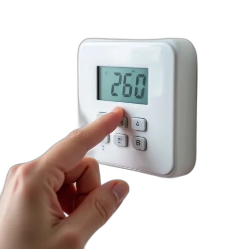 person, hand, interacting, white, digital, thermostat, mounted, wall transparent PNG cut-out