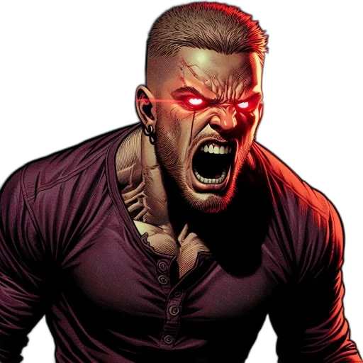 comic book art, concept art, muscular, man, glowing, red, eyes, scars transparent PNG cut-out
