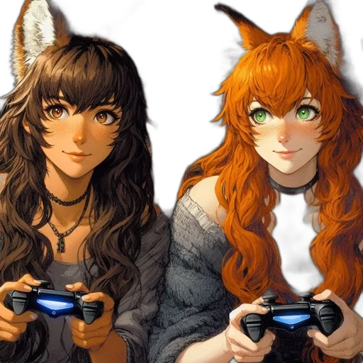fantasy art, pixel art, anime, concept art, monochrome, two, female, characters transparent PNG cut-out