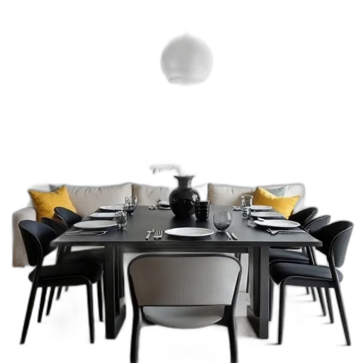 furniture, 3d render, monochrome, dark, modern, dining, room, large transparent PNG cut-out