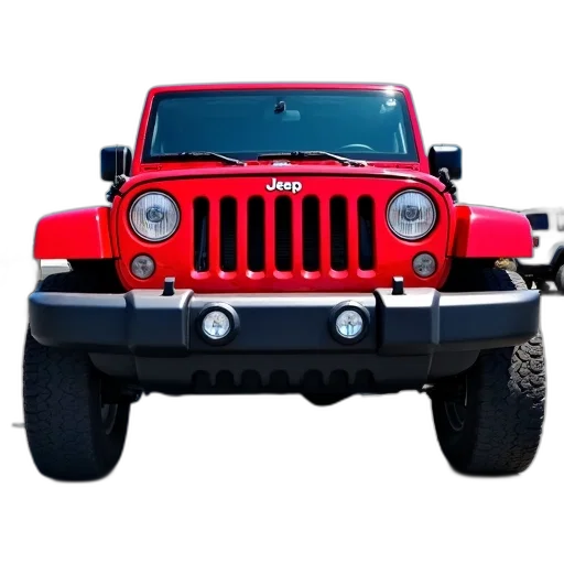 car, 3d render, photorealistic, red, jeep, wrangler, parked, sunny transparent PNG cut-out
