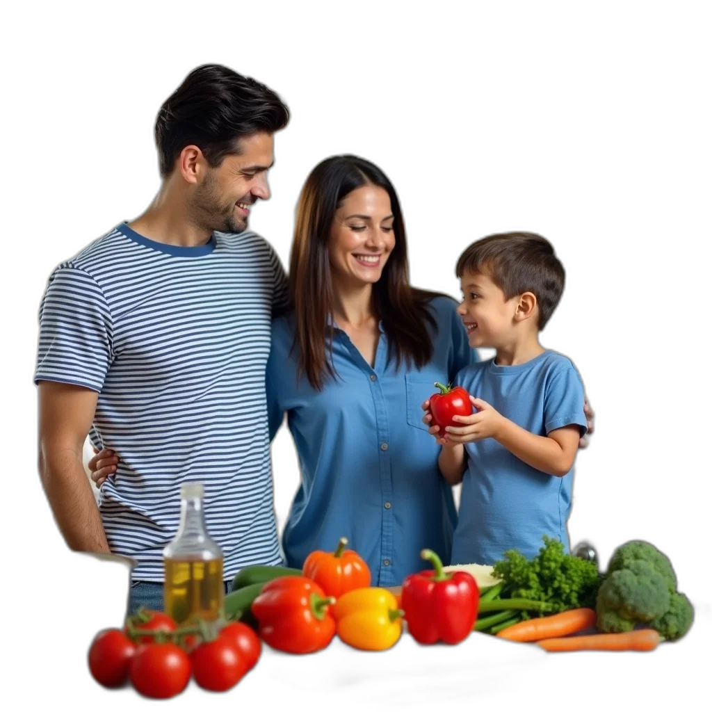 food, family, three, standing, kitchen, variety, vegetables, table transparent PNG cut-out