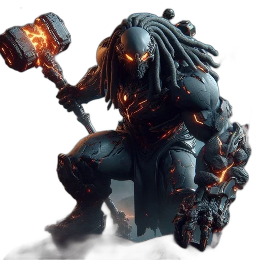 robot, weapon, staff, concept art, fantasy art, 3d render, photorealistic, imposing transparent PNG cut-out