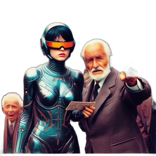 robot, comic book art, concept art, cyberpunk, cartoon, two, contrasting, characters transparent PNG cut-out