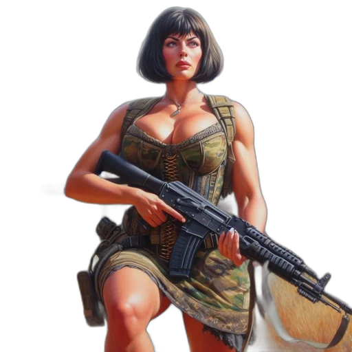 weapon, dress, concept art, comic book art, fantasy art, photorealistic, woman, camo transparent PNG cut-out