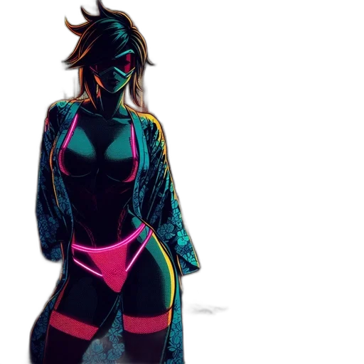 jacket, dress, mask, robot, cyberpunk, concept art, vaporwave, comic book art transparent PNG cut-out