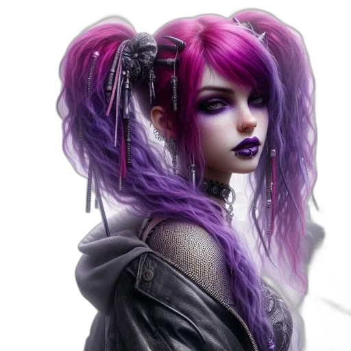 hair, jacket, robot, cyberpunk, fantasy art, concept art, photorealistic, neon lights transparent PNG cut-out