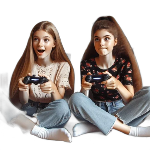 3d render, photorealistic, concept art, pixel art, two, girls, sit, gray transparent PNG cut-out