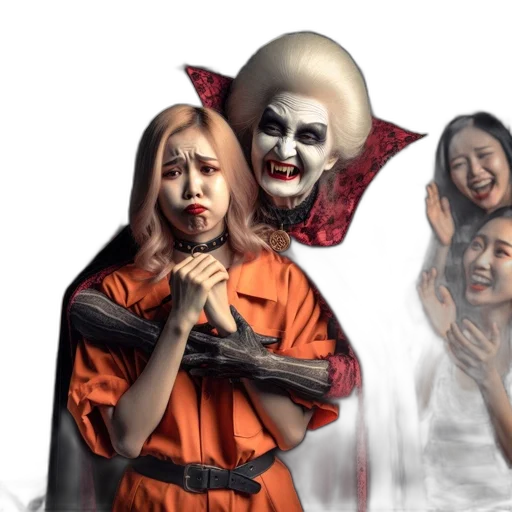 concept art, prison, setting, terrified, woman, orange, jumpsuit, held transparent PNG cut-out