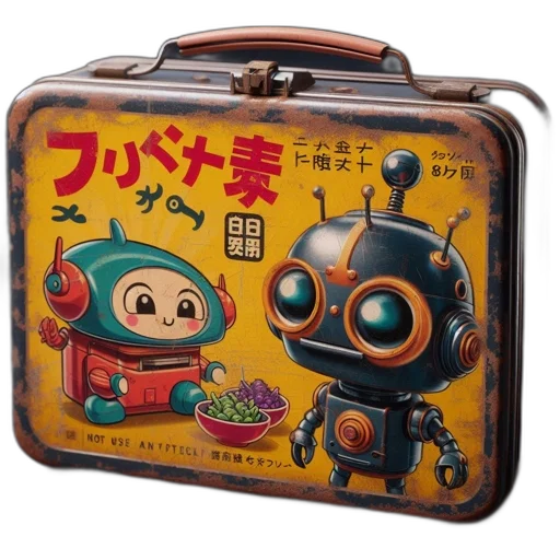 robot, concept art, vintage, lunchbox, two, characters, printed, one transparent PNG cut-out