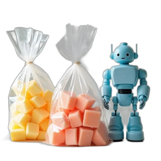 robot, food, 3d render, concept art, pastel, three, bags, filled transparent PNG cut-out