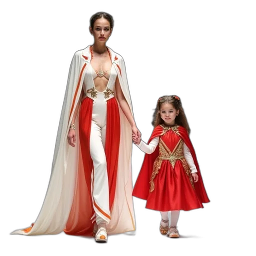 concept art, woman, child, walking, down, runway, both, dressed transparent PNG cut-out