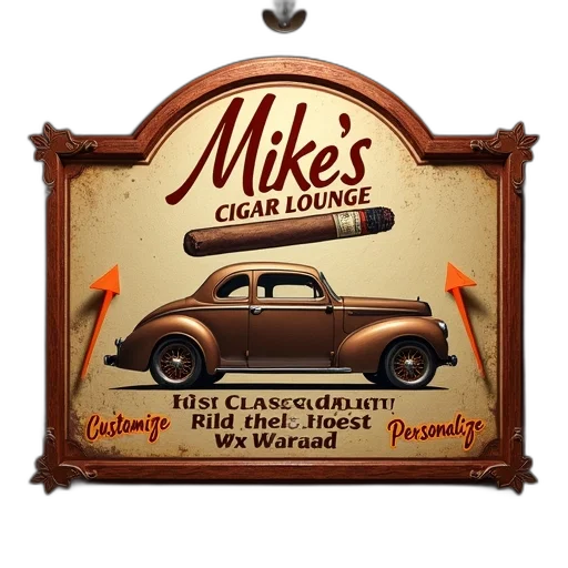 car, concept art, vintage-style, sign, text, mike, cigar, lounge transparent PNG cut-out