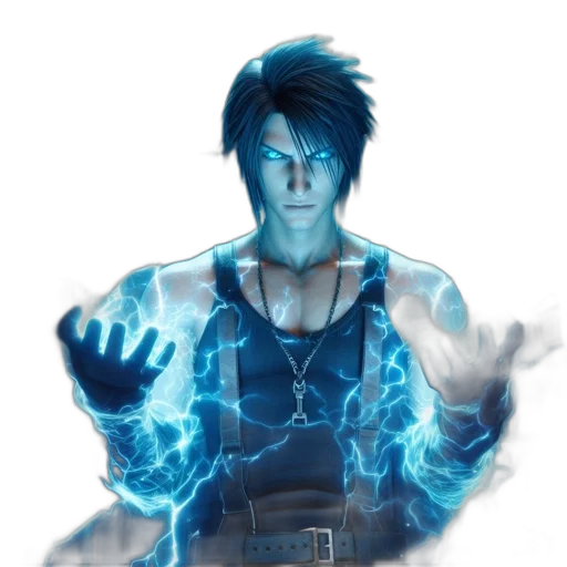 staff, jacket, concept art, fantasy art, pixel art, comic book art, blue, man transparent PNG cut-out