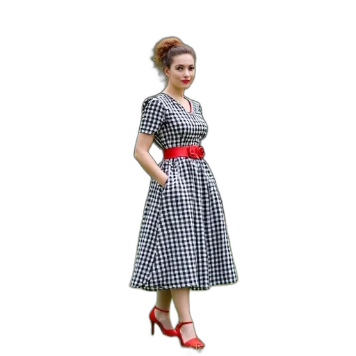 dress, 3d render, photorealistic, woman, standing, grassy, area, trees transparent PNG cut-out
