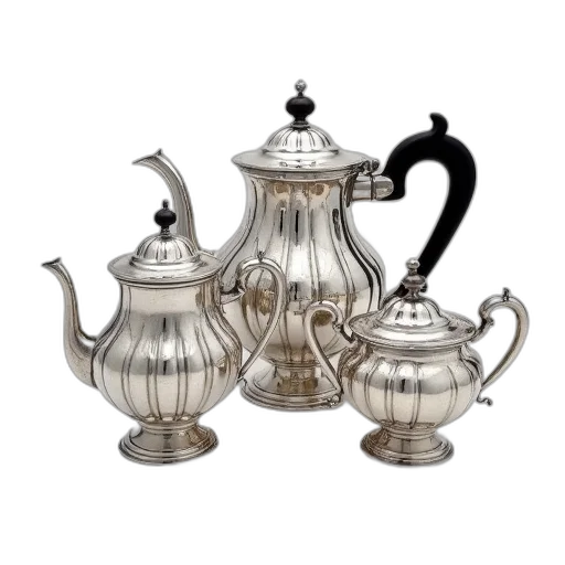 3d render, photorealistic, three, silverplated, piece, tea, coffee, service transparent PNG cut-out