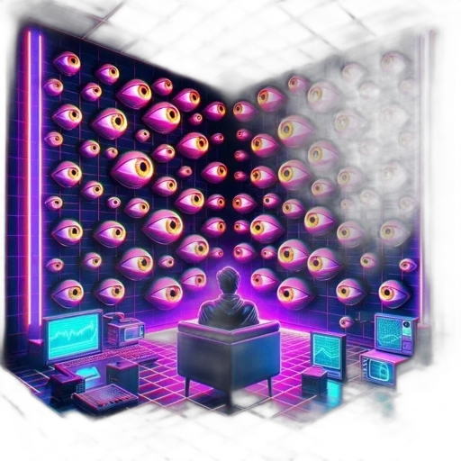 robot, staff, building, vaporwave, 3d render, cyberpunk, concept art, neon lights transparent PNG cut-out