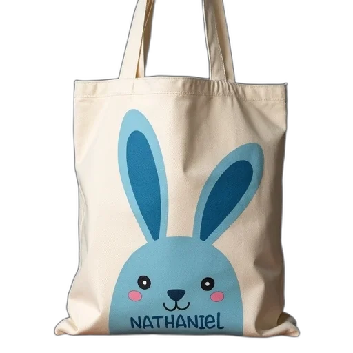 anime, beige, canvas, tote, bag, blue, bunny, design transparent PNG cut-out