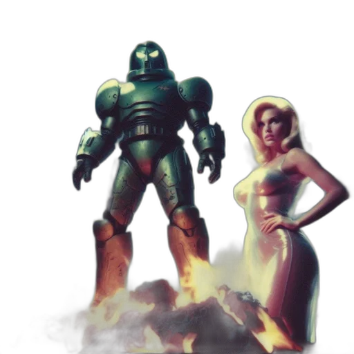 robot, concept art, comic book art, pixel art, fantasy art, outer space, fire, green transparent PNG cut-out