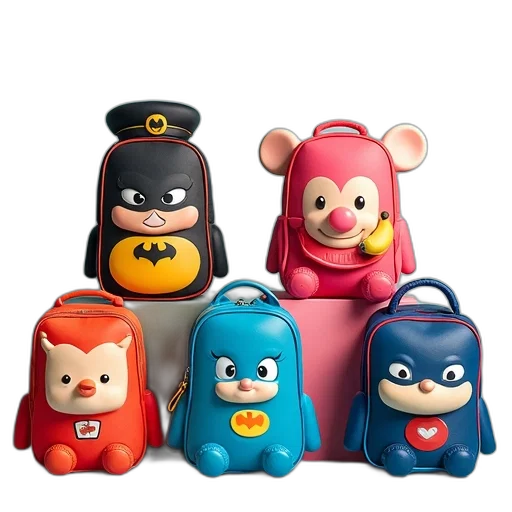 3d render, collection, colorful, lunchboxes, backpacks, featuring, various, cartoon transparent PNG cut-out