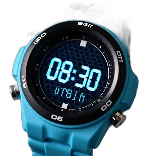 3d render, vaporwave, cyberpunk, neon, blue, digital, wristwatch, black transparent PNG cut-out