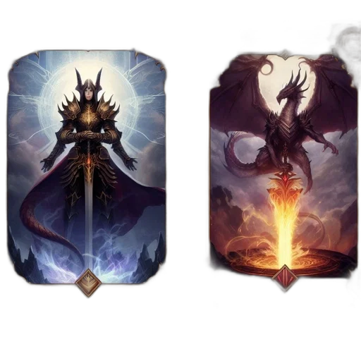 concept art, fantasy art, pixel art, dark, two, separate, cards, display transparent PNG cut-out