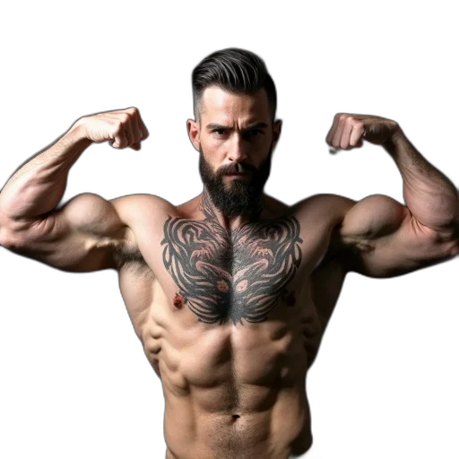 animal, photorealistic, muscular, man, beard, tattoo, his, chest transparent PNG cut-out