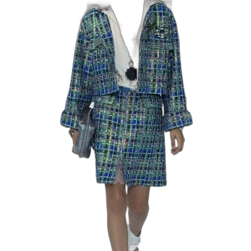 jacket, dress, model, walks, runway, vibrant, checkered, tweed transparent PNG cut-out