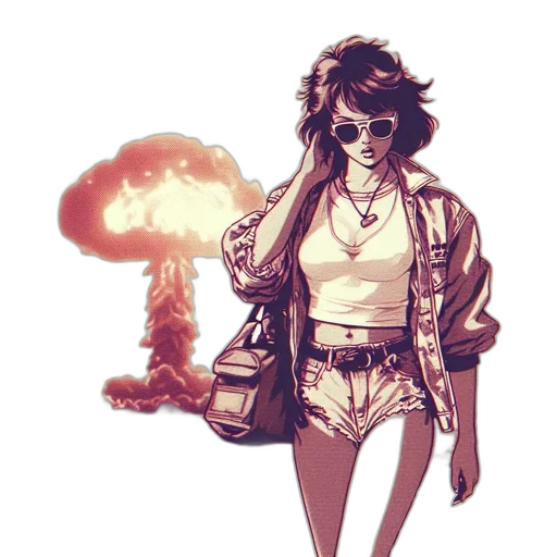 jacket, weapon, comic book art, concept art, cyberpunk, cartoon, fire, pastel transparent PNG cut-out