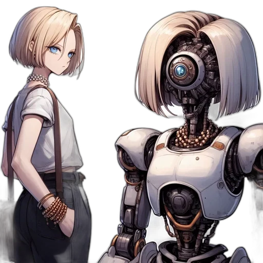robot, dress, weapon, concept art, cyberpunk, comic book art, anime, monochrome transparent PNG cut-out