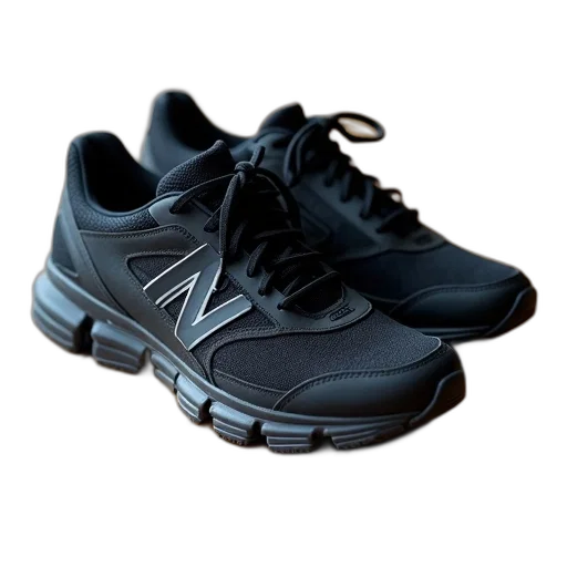 shoes, 3d render, pair, black, running, laces, placed, wooden transparent PNG cut-out