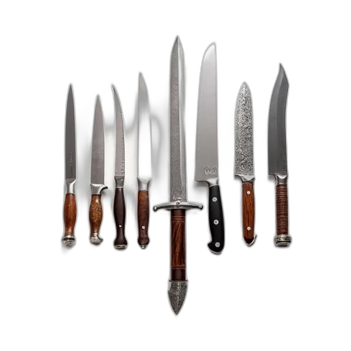 weapon, staff, sword, food, collection, various, knives, displayed transparent PNG cut-out