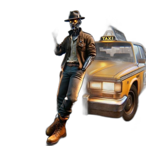 car, jacket, hat, weapon, concept art, 3d render, photorealistic, pixel art transparent PNG cut-out