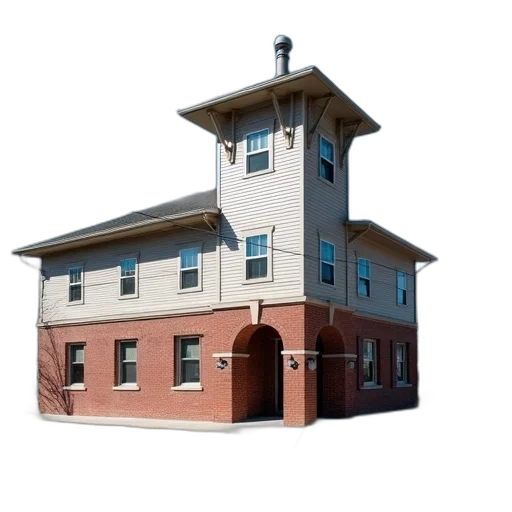 building, furniture, staff, 3d render, photorealistic, concept art, two-story, prominent transparent PNG cut-out